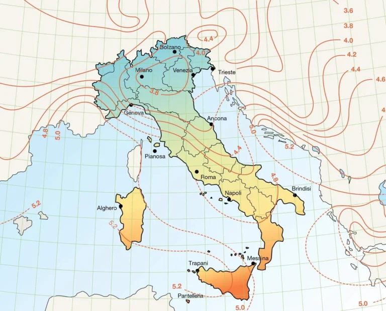 Irraggiamento solare medio in Italia espresso in KWh/m²